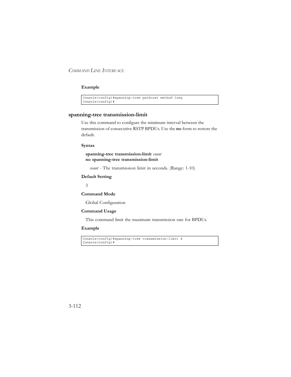 Spanning-tree transmission-limit, Spanning-tree transmission-limit -112 | SMC Networks TigerSwitch 100 User Manual | Page 256 / 334