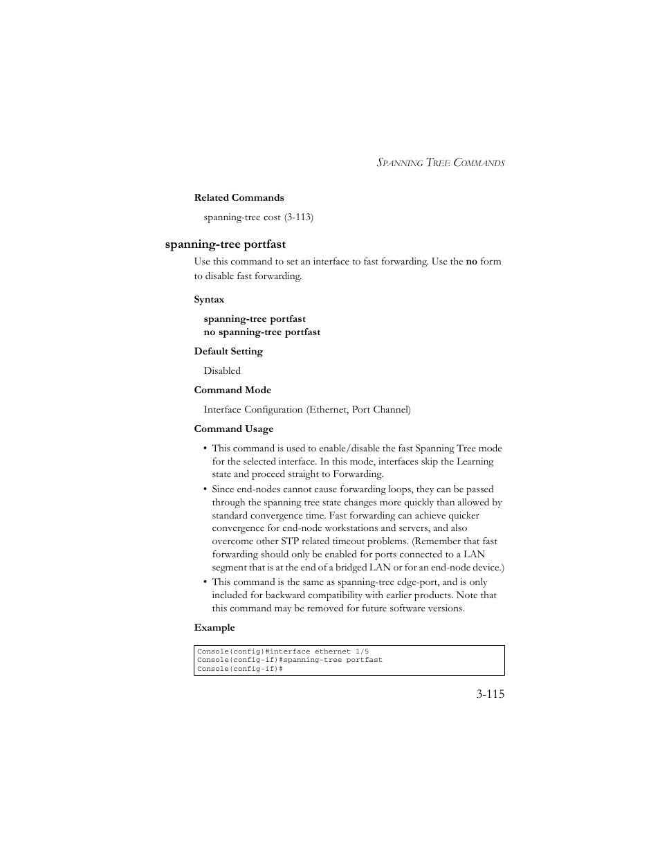 Spanning-tree portfast, Spanning-tree portfast -115 | SMC Networks TigerSwitch 100 User Manual | Page 259 / 334
