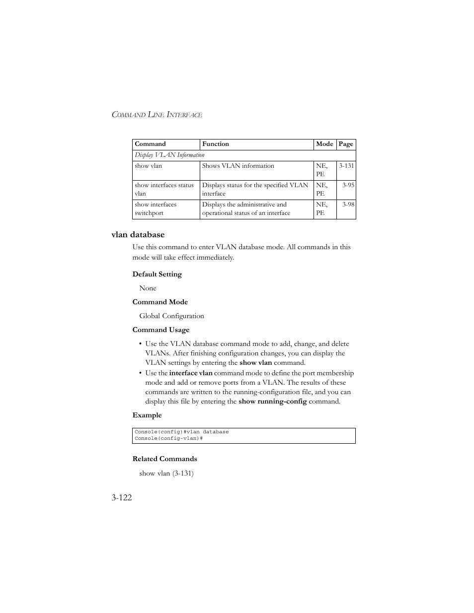 Vlan database, Vlan database -122 | SMC Networks TigerSwitch 100 User Manual | Page 266 / 334