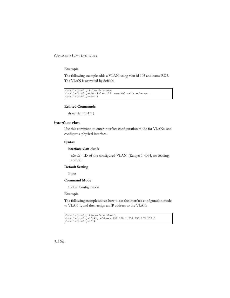 Interface vlan, Interface vlan -124 | SMC Networks TigerSwitch 100 User Manual | Page 268 / 334