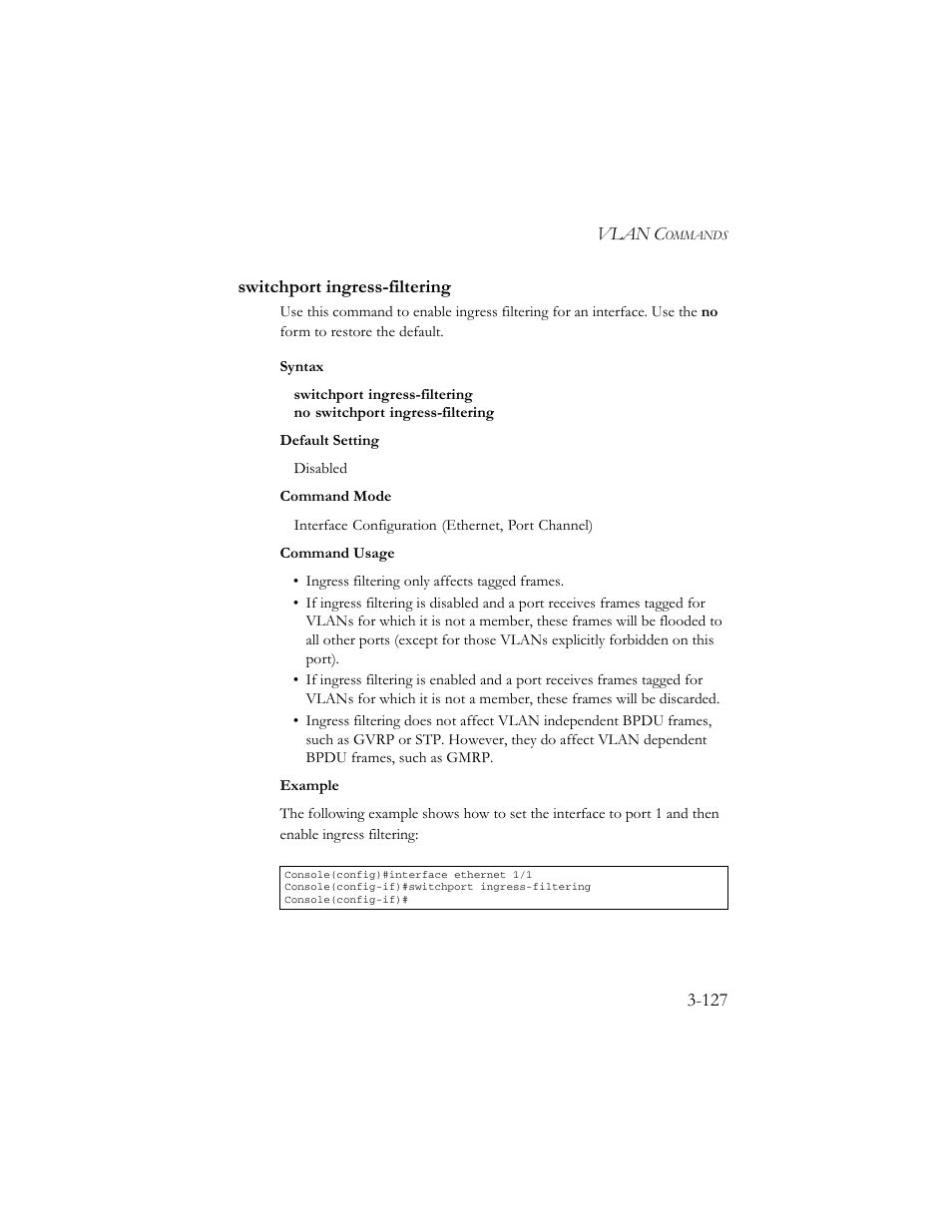 Switchport ingress-filtering, Switchport ingress-filtering -127 | SMC Networks TigerSwitch 100 User Manual | Page 271 / 334