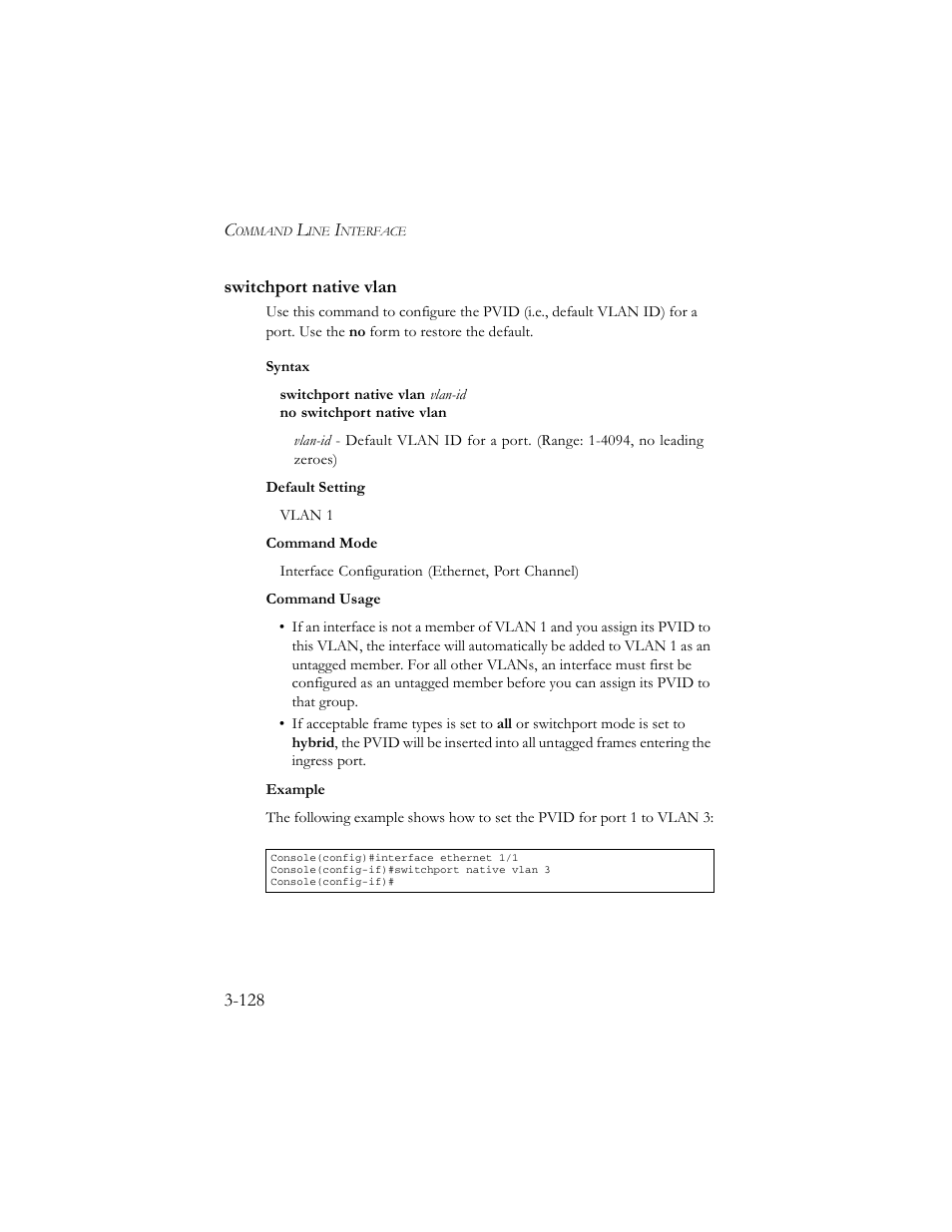 Switchport native vlan, Switchport native vlan -128, Age 3-128) | SMC Networks TigerSwitch 100 User Manual | Page 272 / 334