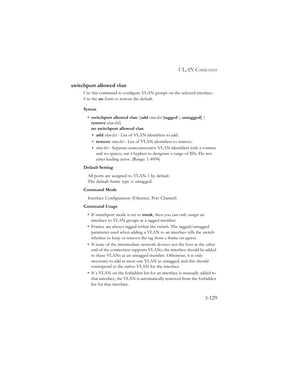 Switchport allowed vlan, Switchport allowed vlan -129, Age 3-129) | SMC Networks TigerSwitch 100 User Manual | Page 273 / 334