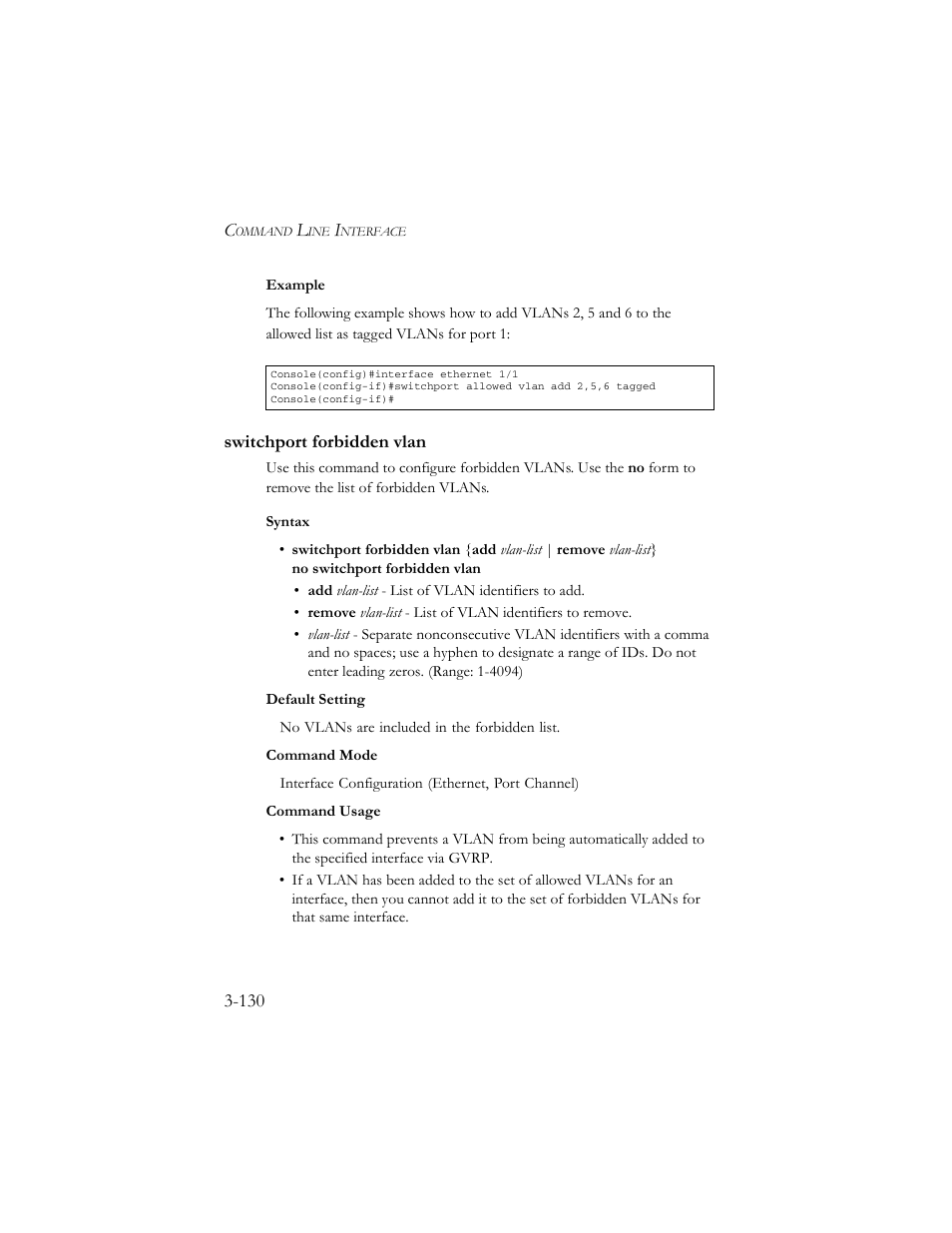 Switchport forbidden vlan, Switchport forbidden vlan -130, Age 3-130) | SMC Networks TigerSwitch 100 User Manual | Page 274 / 334