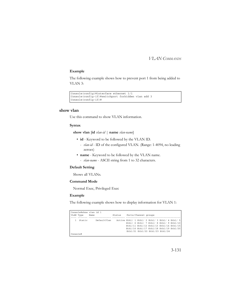 Show vlan, Show vlan -131, Show vlan (3-131) | Vlan c | SMC Networks TigerSwitch 100 User Manual | Page 275 / 334