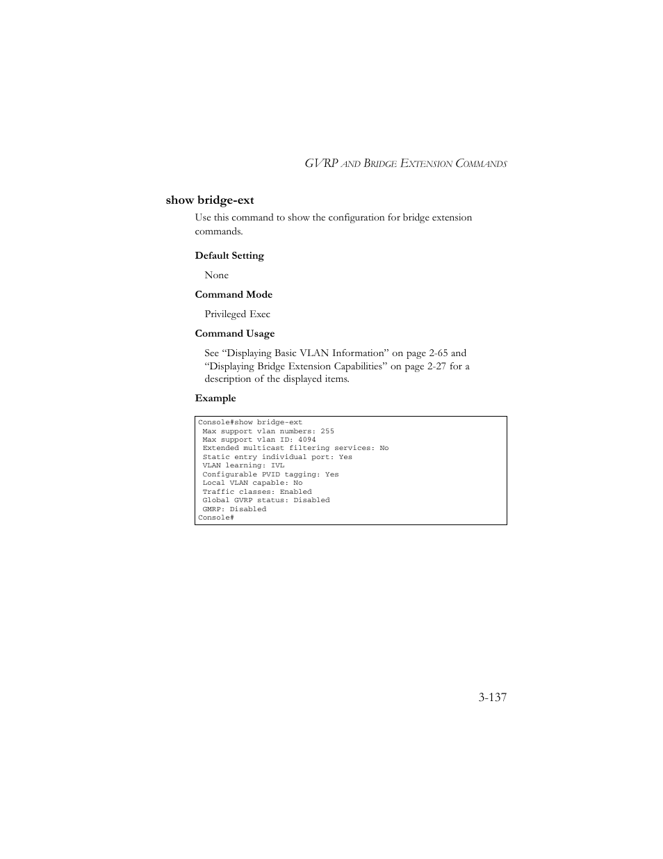 Show bridge-ext, Show bridge-ext -137 | SMC Networks TigerSwitch 100 User Manual | Page 281 / 334