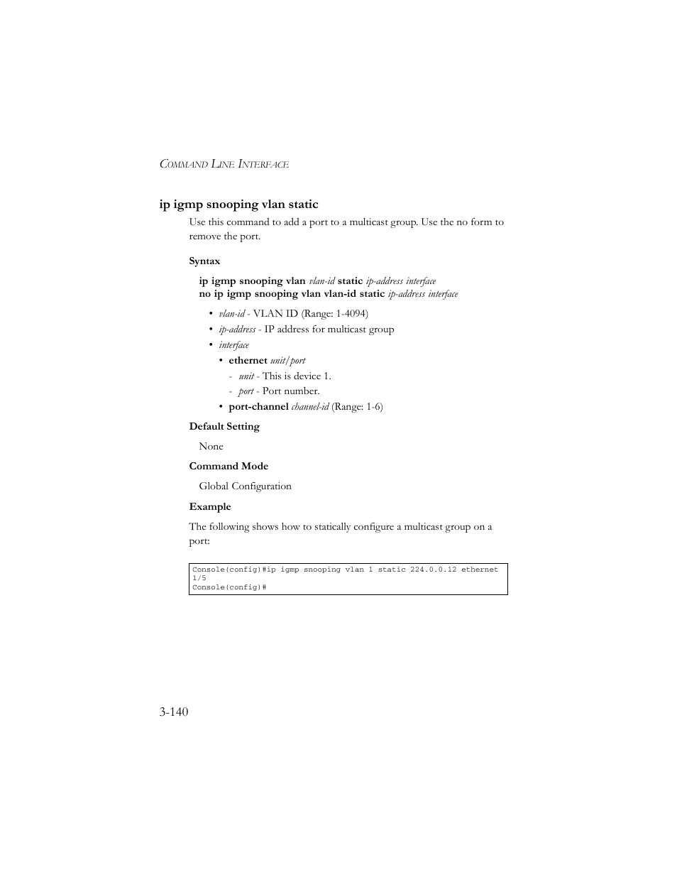 Ip igmp snooping vlan static, Ip igmp snooping vlan static -140 | SMC Networks TigerSwitch 100 User Manual | Page 284 / 334