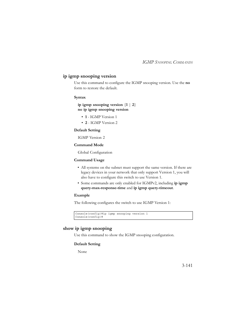 Ip igmp snooping version, Show ip igmp snooping | SMC Networks TigerSwitch 100 User Manual | Page 285 / 334