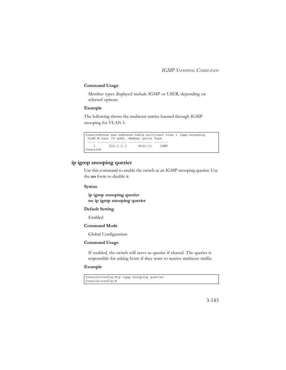Ip igmp snooping querier, Ip igmp snooping querier -143, Igmp s | SMC Networks TigerSwitch 100 User Manual | Page 287 / 334