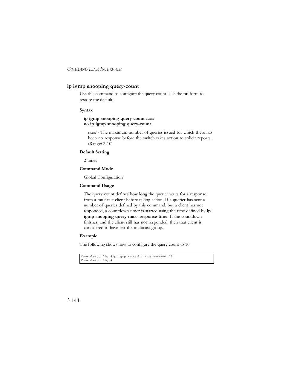 Ip igmp snooping query-count, Ip igmp snooping query-count -144 | SMC Networks TigerSwitch 100 User Manual | Page 288 / 334