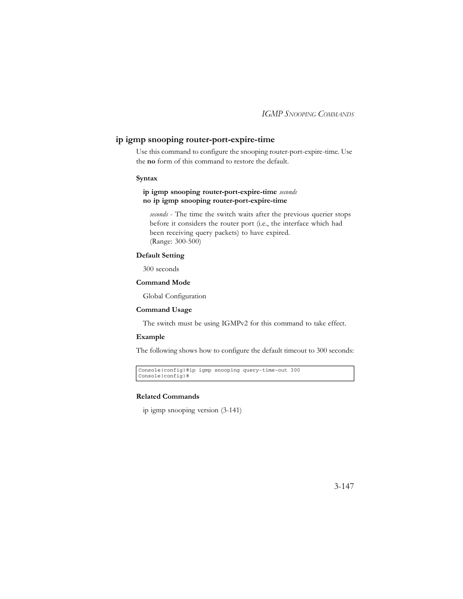 Ip igmp snooping router-port-expire-time, Ip igmp snooping router-port-expire-time -147 | SMC Networks TigerSwitch 100 User Manual | Page 291 / 334