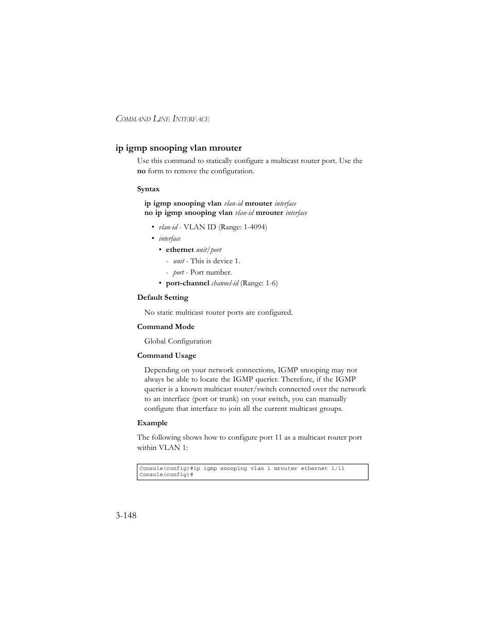 Ip igmp snooping vlan mrouter, Ip igmp snooping vlan mrouter -148 | SMC Networks TigerSwitch 100 User Manual | Page 292 / 334