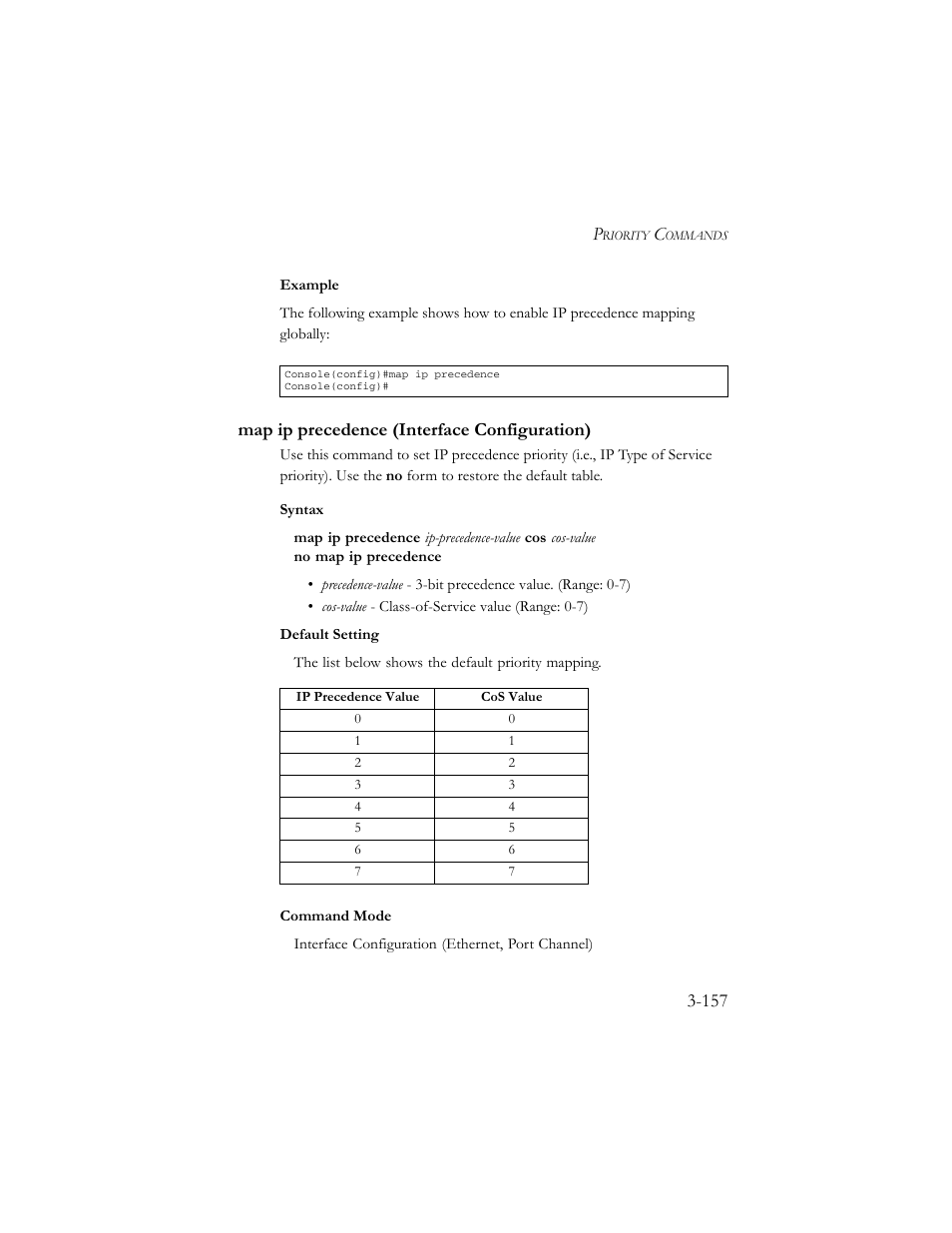 Map ip precedence (interface configuration), Map ip precedence (interface configuration) -157 | SMC Networks TigerSwitch 100 User Manual | Page 301 / 334