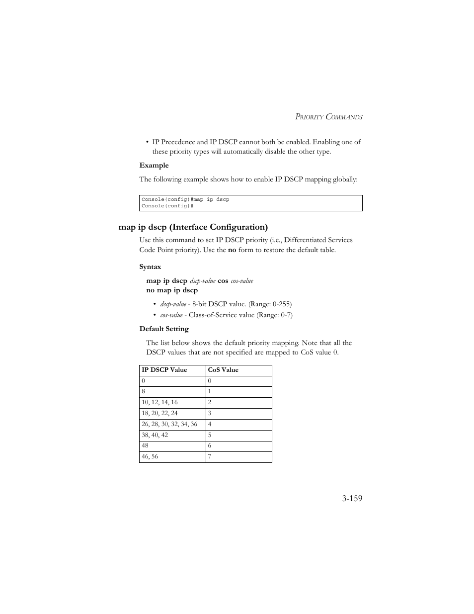 Map ip dscp (interface configuration), Map ip dscp (interface configuration) -159 | SMC Networks TigerSwitch 100 User Manual | Page 303 / 334