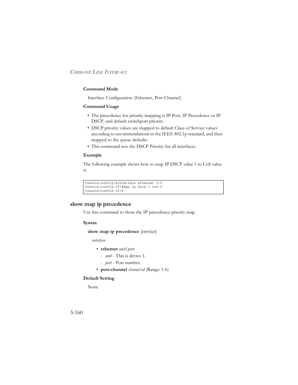 Show map ip precedence, Show map ip precedence -160 | SMC Networks TigerSwitch 100 User Manual | Page 304 / 334