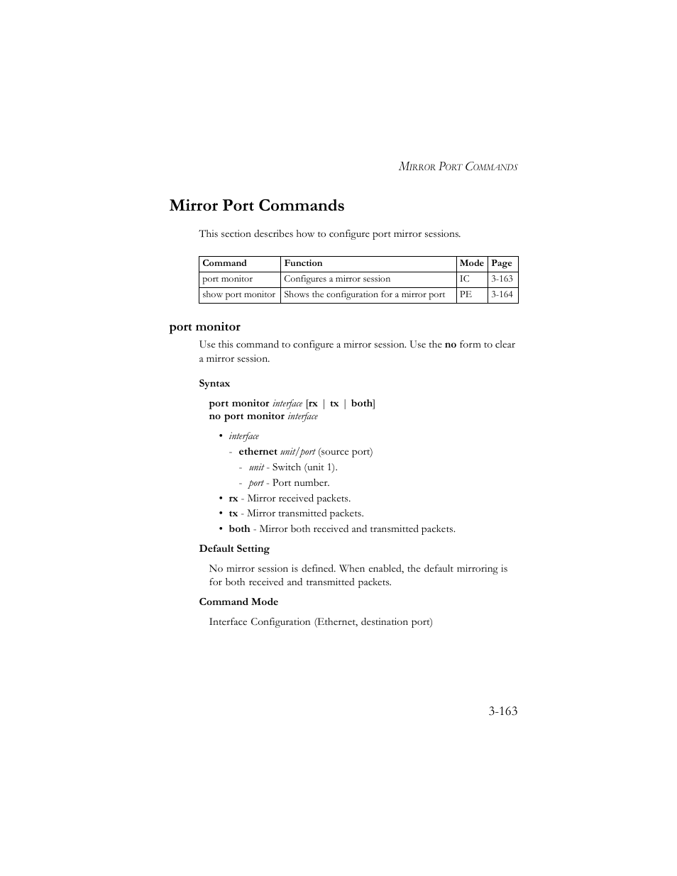 Mirror port commands, Port monitor, Mirror port commands -163 | Port monitor -163 | SMC Networks TigerSwitch 100 User Manual | Page 307 / 334