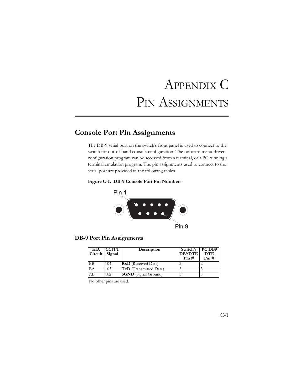 Appendix c pin assignments, Console port pin assignments, Db-9 port pin assignments | Ppendix, Ssignments | SMC Networks TigerSwitch 100 User Manual | Page 321 / 334