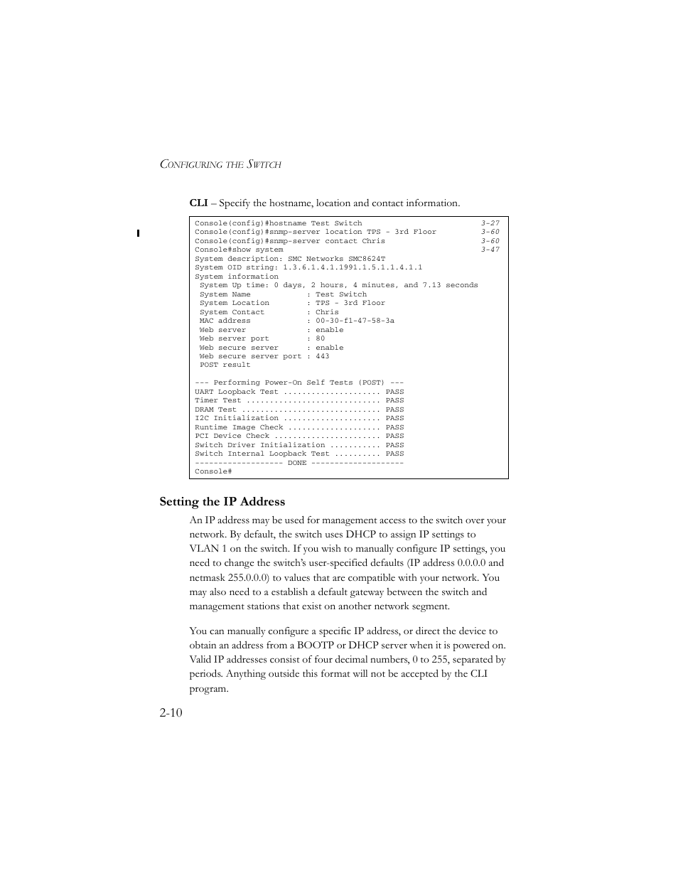 Setting the ip address, Setting the ip address -10 | SMC Networks TigerSwitch 100 User Manual | Page 40 / 334