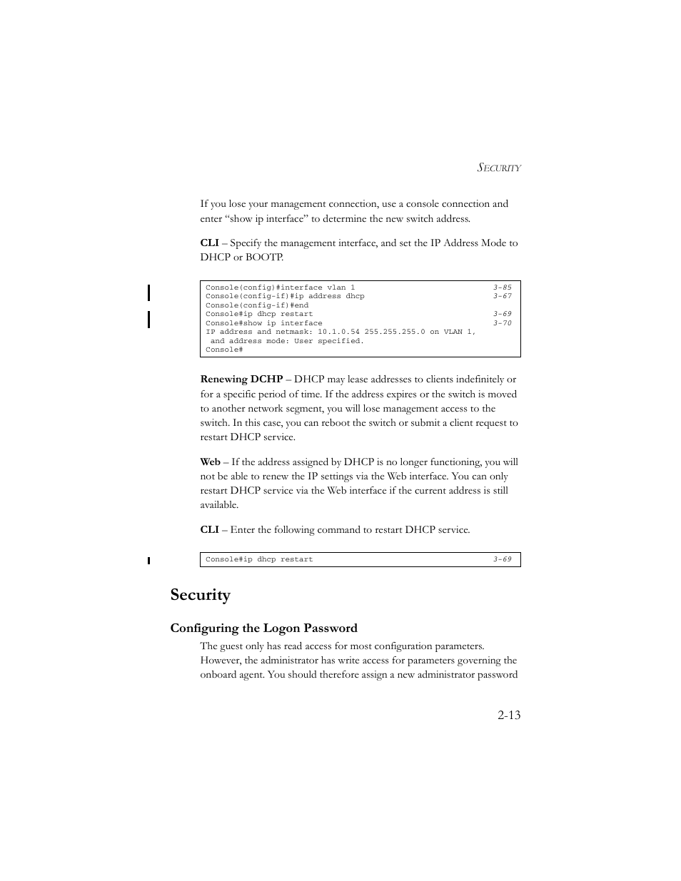 Security, Configuring the logon password, Security -13 | Configuring the logon password -13 | SMC Networks TigerSwitch 100 User Manual | Page 43 / 334