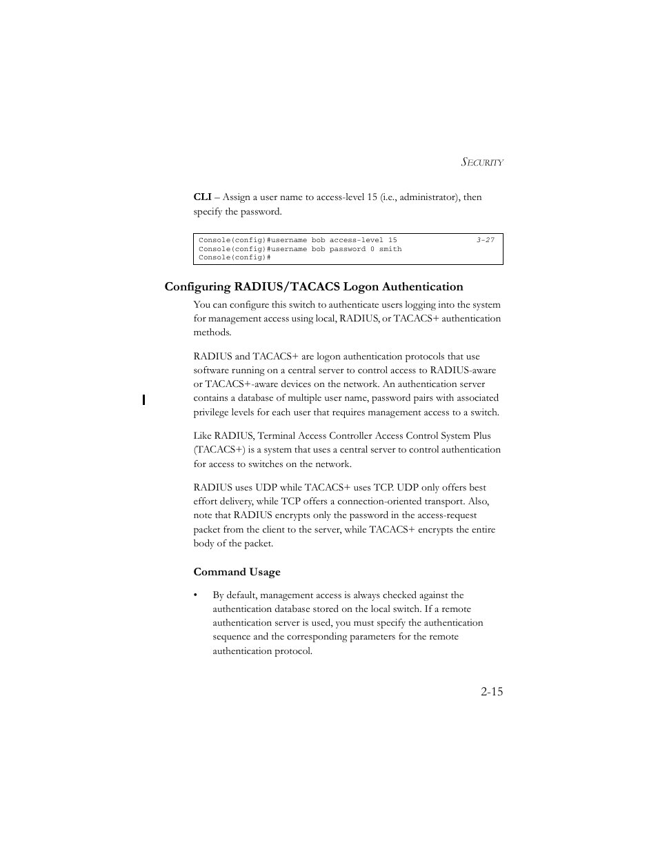 Configuring radius/tacacs logon authentication, Configuring radius/tacacs logon authentication -15 | SMC Networks TigerSwitch 100 User Manual | Page 45 / 334