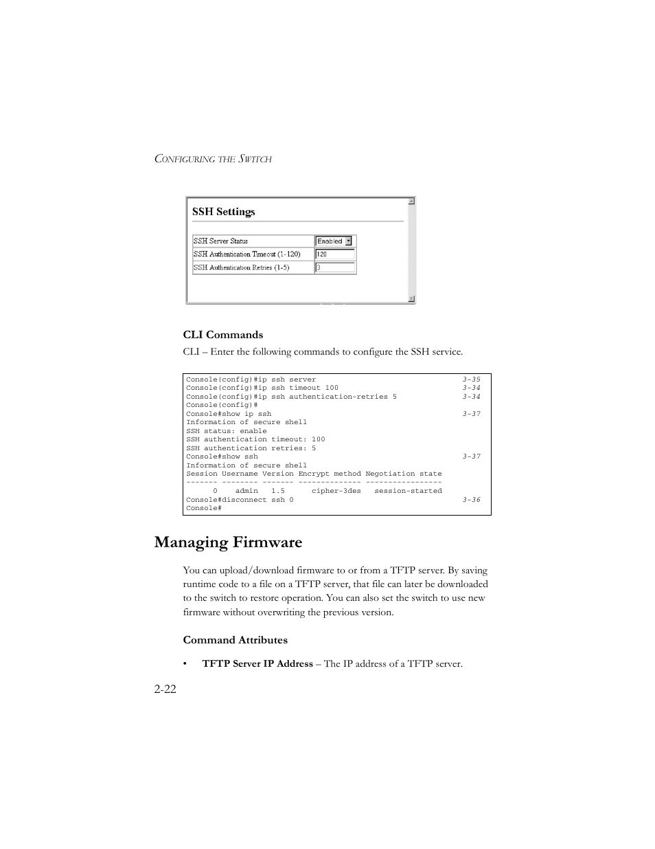 Managing firmware, Managing firmware -22, Cli commands | Command attributes | SMC Networks TigerSwitch 100 User Manual | Page 52 / 334