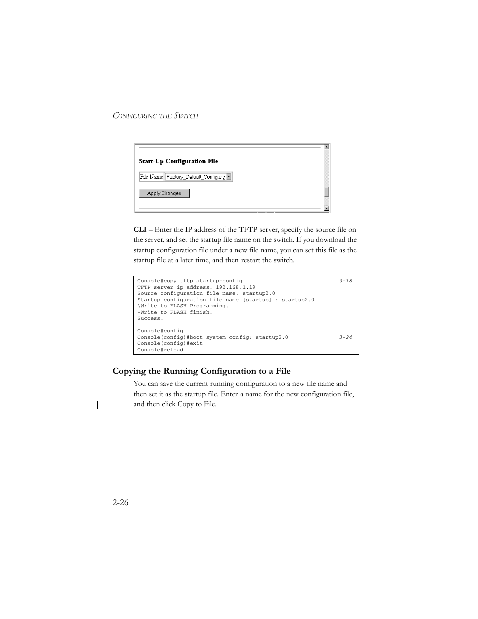 Copying the running configuration to a file, Copying the running configuration to a file -26 | SMC Networks TigerSwitch 100 User Manual | Page 56 / 334