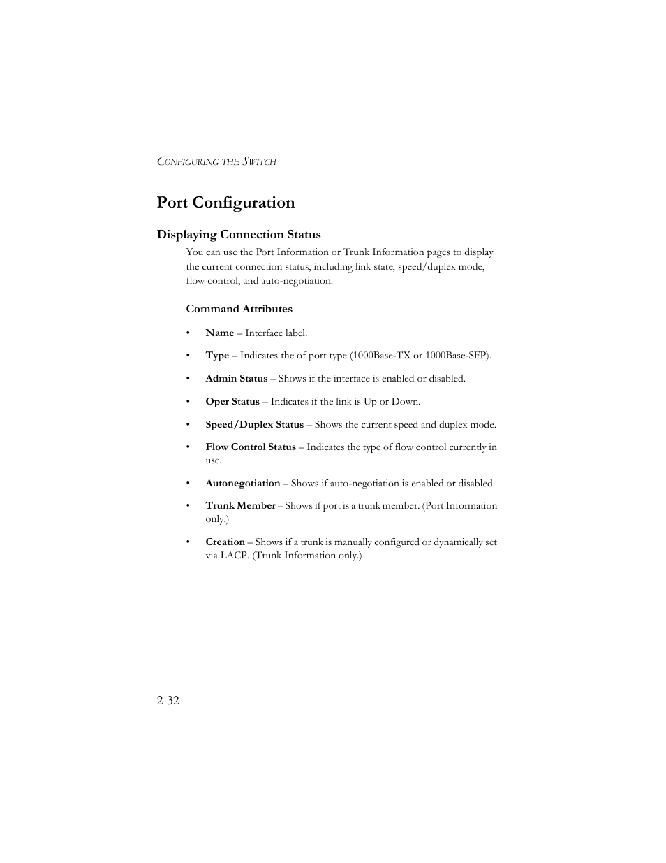 Port configuration, Displaying connection status, Port configuration -32 | Displaying connection status -32 | SMC Networks TigerSwitch 100 User Manual | Page 62 / 334