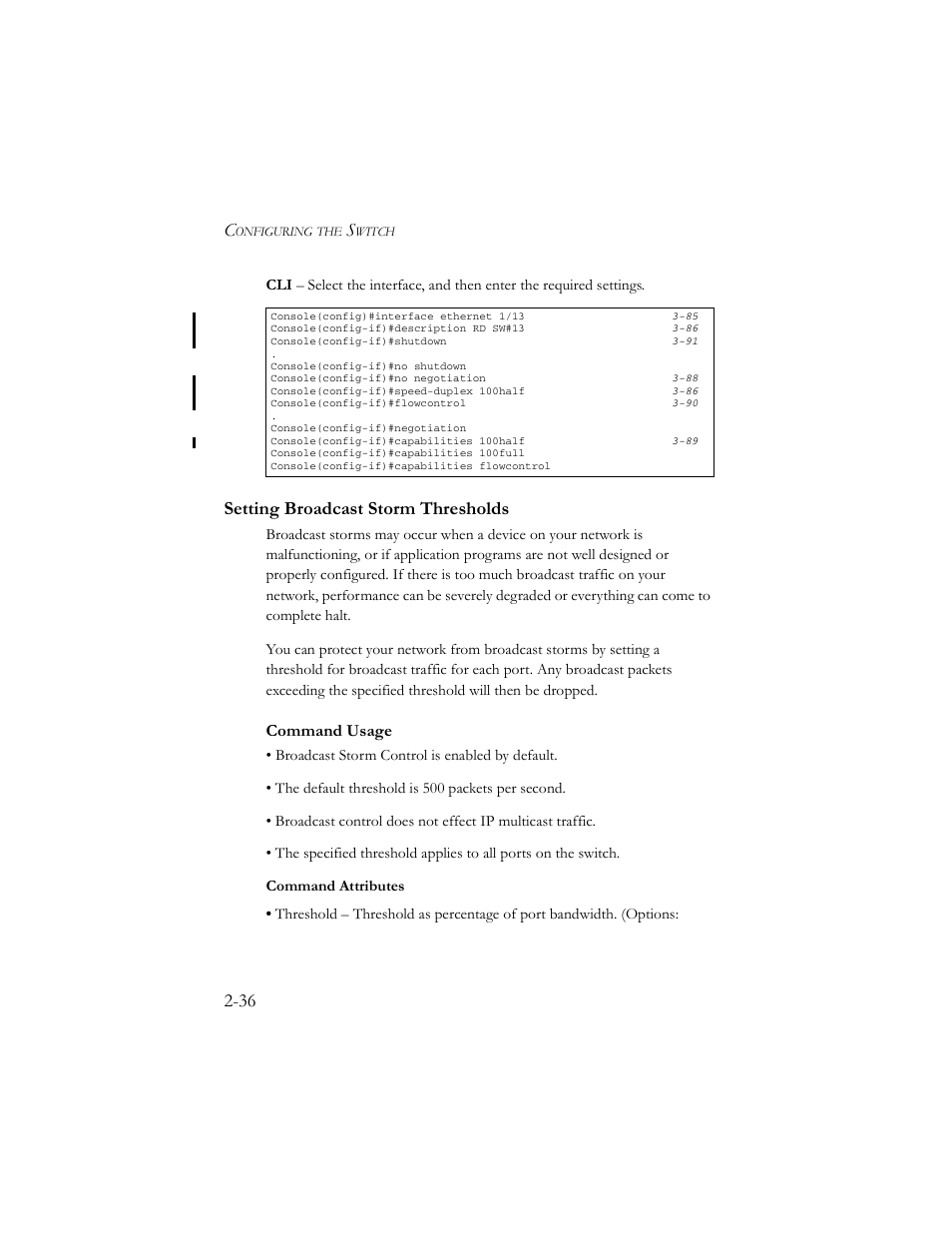 Setting broadcast storm thresholds, Setting broadcast storm thresholds -36, Command usage | SMC Networks TigerSwitch 100 User Manual | Page 66 / 334