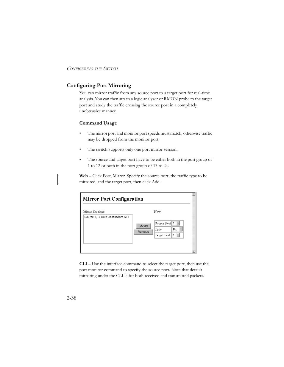 Configuring port mirroring, Configuring port mirroring -38 | SMC Networks TigerSwitch 100 User Manual | Page 68 / 334