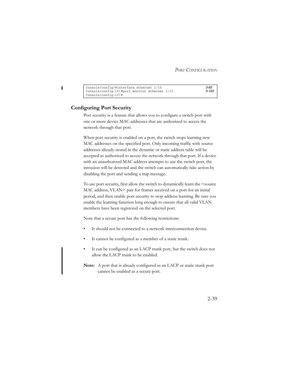 Configuring port security, Configuring port security -39, 39 configuring port security | SMC Networks TigerSwitch 100 User Manual | Page 69 / 334