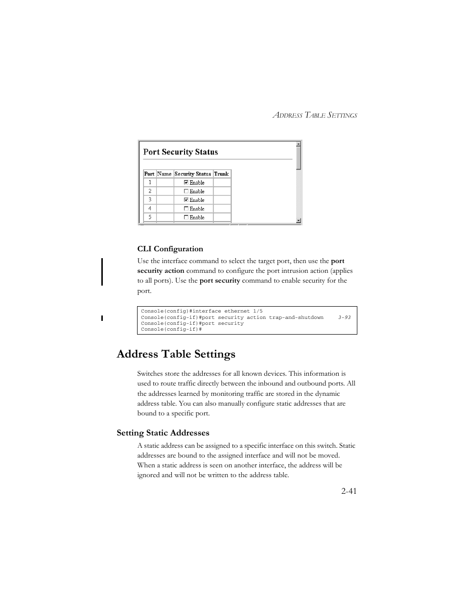 Address table settings, Setting static addresses, Address table settings -41 | Setting static addresses -41 | SMC Networks TigerSwitch 100 User Manual | Page 71 / 334