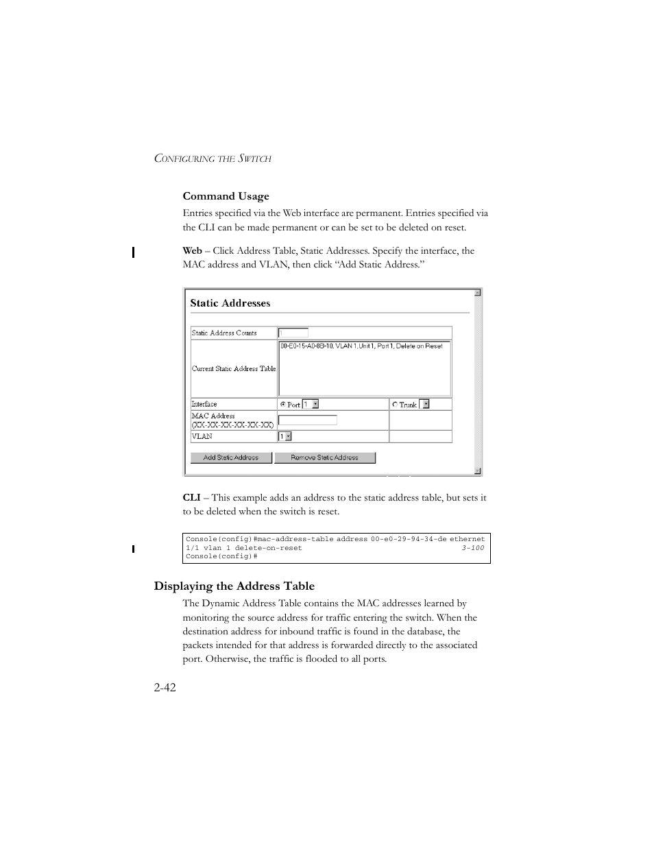 Displaying the address table, Displaying the address table -42 | SMC Networks TigerSwitch 100 User Manual | Page 72 / 334