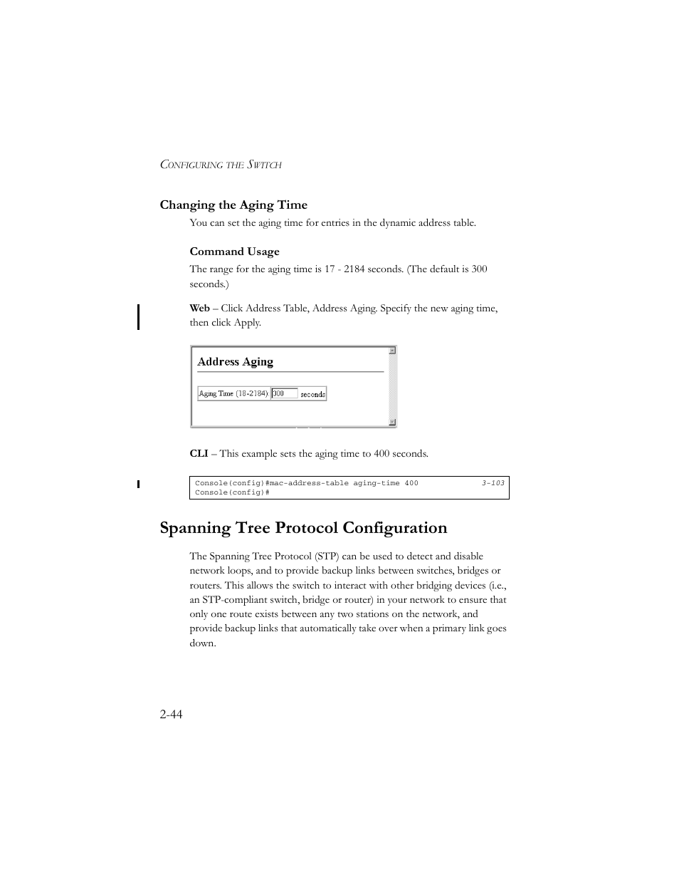 Changing the aging time, Spanning tree protocol configuration, Changing the aging time -44 | Spanning tree protocol configuration -44 | SMC Networks TigerSwitch 100 User Manual | Page 74 / 334
