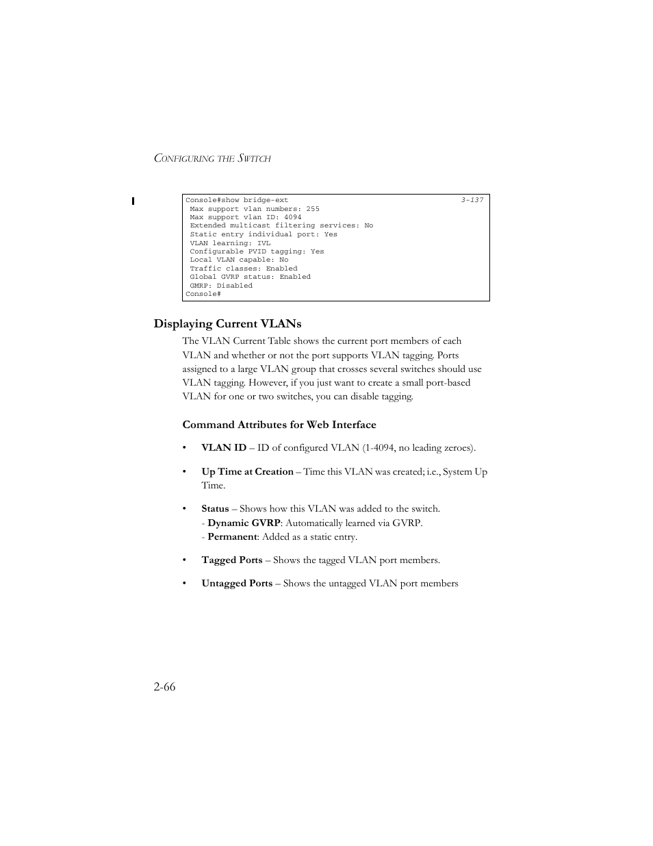 Displaying current vlans, Displaying current vlans -66 | SMC Networks TigerSwitch 100 User Manual | Page 96 / 334