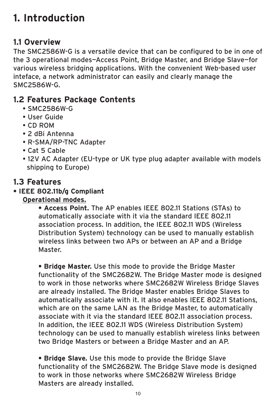 Introduction | SMC Networks EliteConnect Wireless Bridge SMC2586W-G User Manual | Page 11 / 96