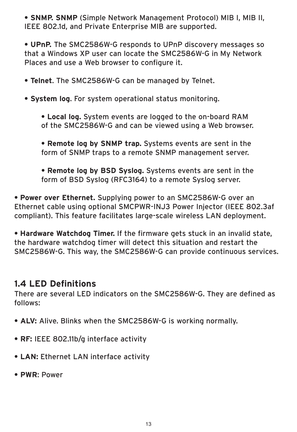 4 led definitions | SMC Networks EliteConnect Wireless Bridge SMC2586W-G User Manual | Page 14 / 96