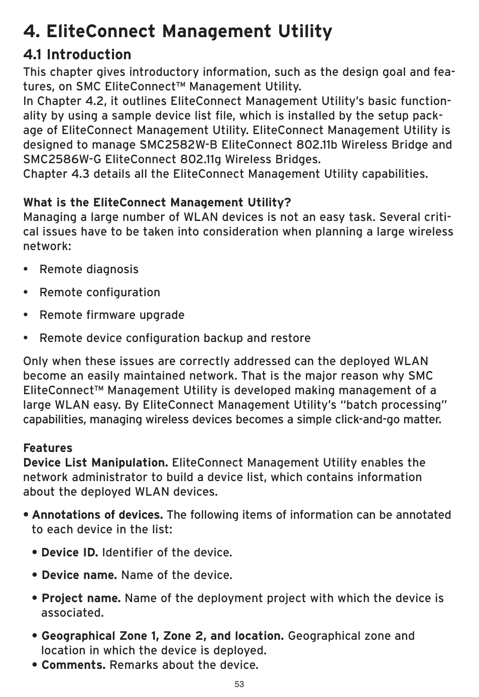 Eliteconnect management utility, 1 introduction | SMC Networks EliteConnect Wireless Bridge SMC2586W-G User Manual | Page 54 / 96