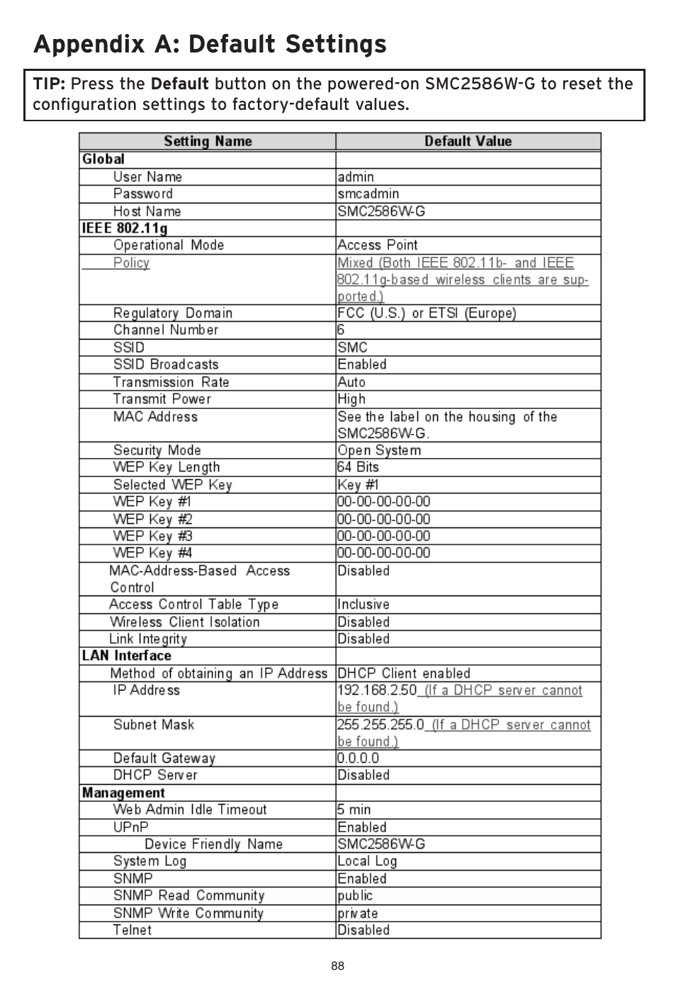 Appendix a: default settings | SMC Networks EliteConnect Wireless Bridge SMC2586W-G User Manual | Page 89 / 96