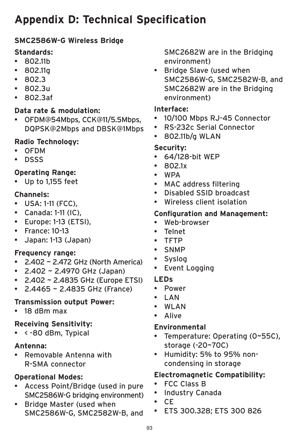 Appendix d: technical specification | SMC Networks EliteConnect Wireless Bridge SMC2586W-G User Manual | Page 94 / 96