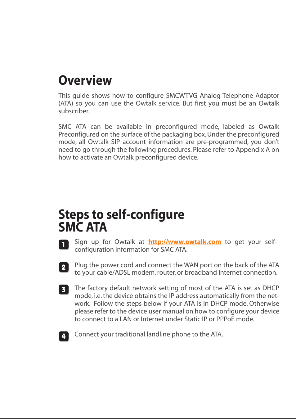 Steps to self-configure smc ata, Overview | SMC Networks SMCWTVG User Manual | Page 2 / 5