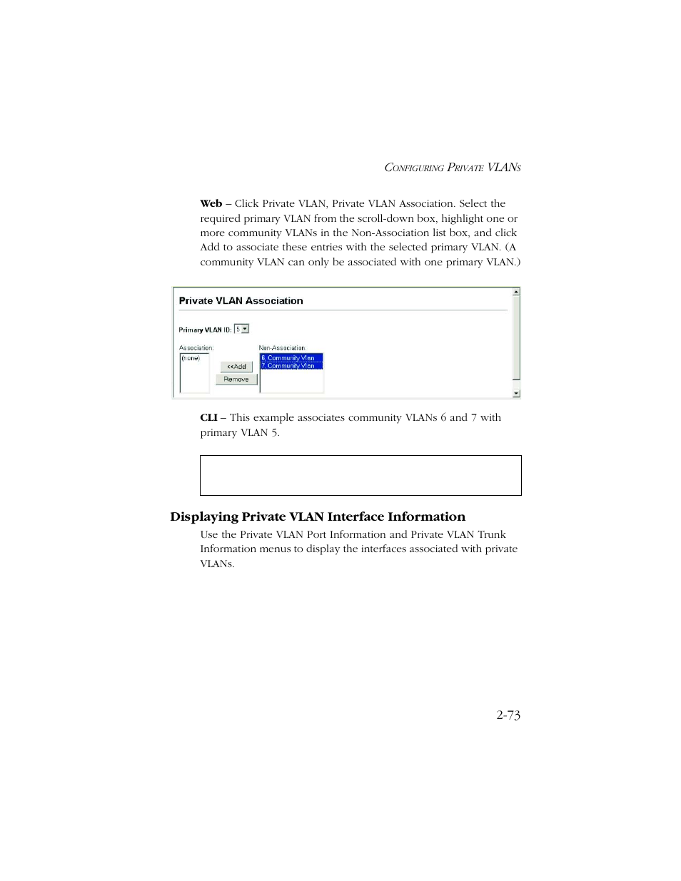 Displaying private vlan interface information, Displaying private vlan interface information -73, Vlan | SMC Networks TIGERSWITCH 10/100 User Manual | Page 105 / 318