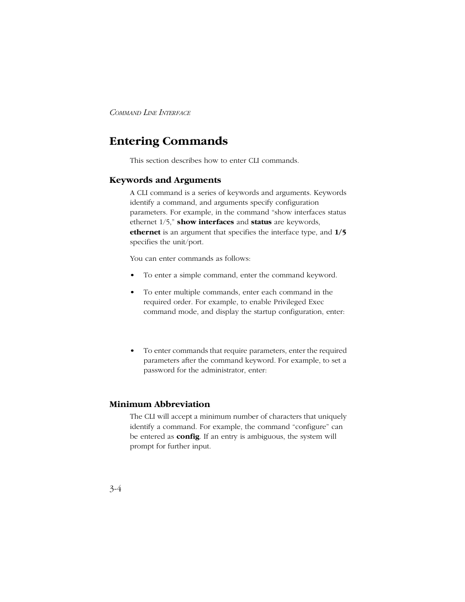 Entering commands, Keywords and arguments, Minimum abbreviation | Entering commands -4, Keywords and arguments -4 minimum abbreviation -4 | SMC Networks TIGERSWITCH 10/100 User Manual | Page 146 / 318