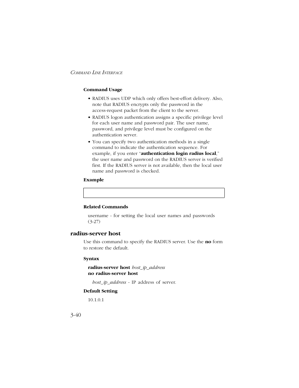 Radius-server host, Radius-server host -40 | SMC Networks TIGERSWITCH 10/100 User Manual | Page 182 / 318