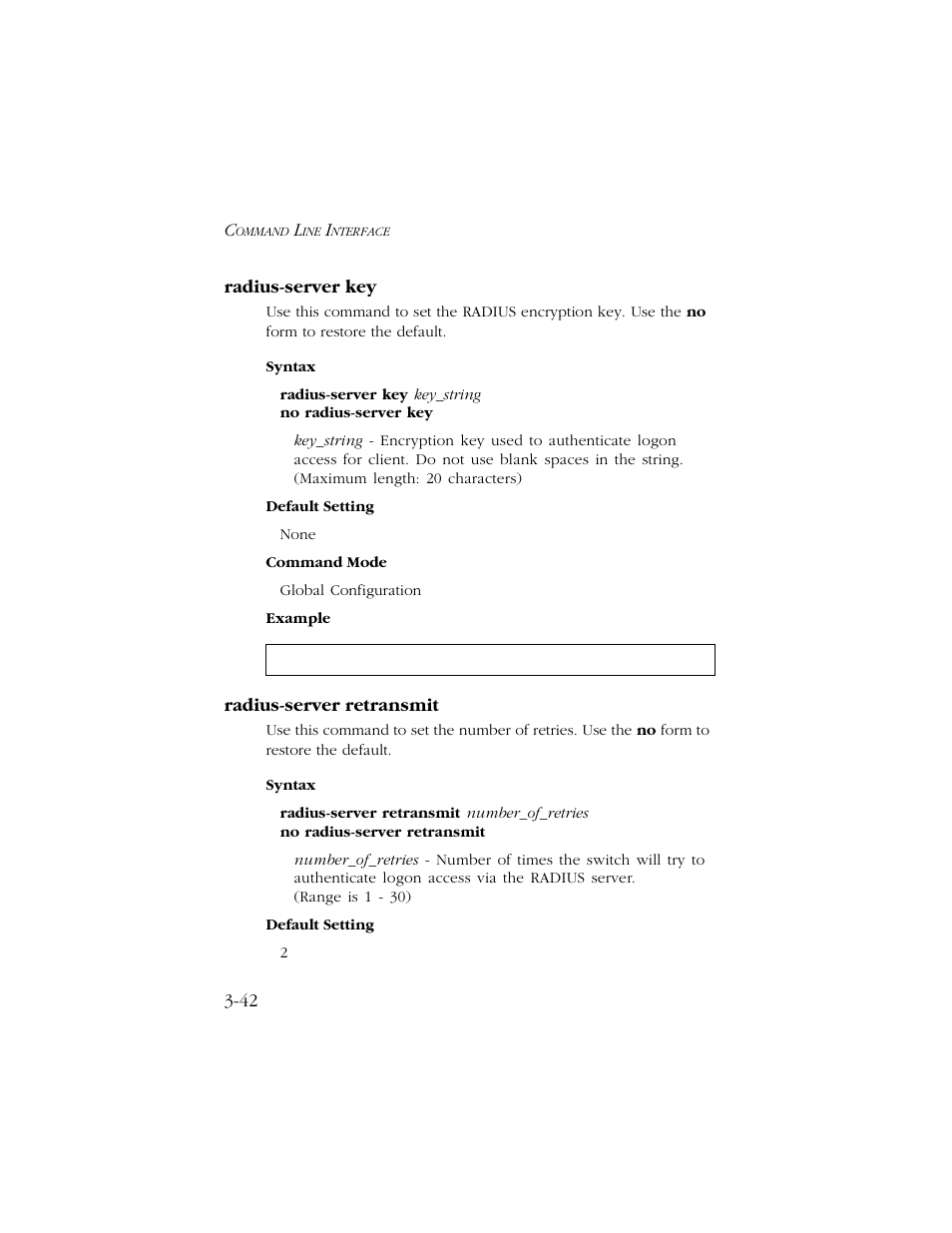 Radius-server key, Radius-server retransmit, Radius-server key -42 radius-server retransmit -42 | SMC Networks TIGERSWITCH 10/100 User Manual | Page 184 / 318