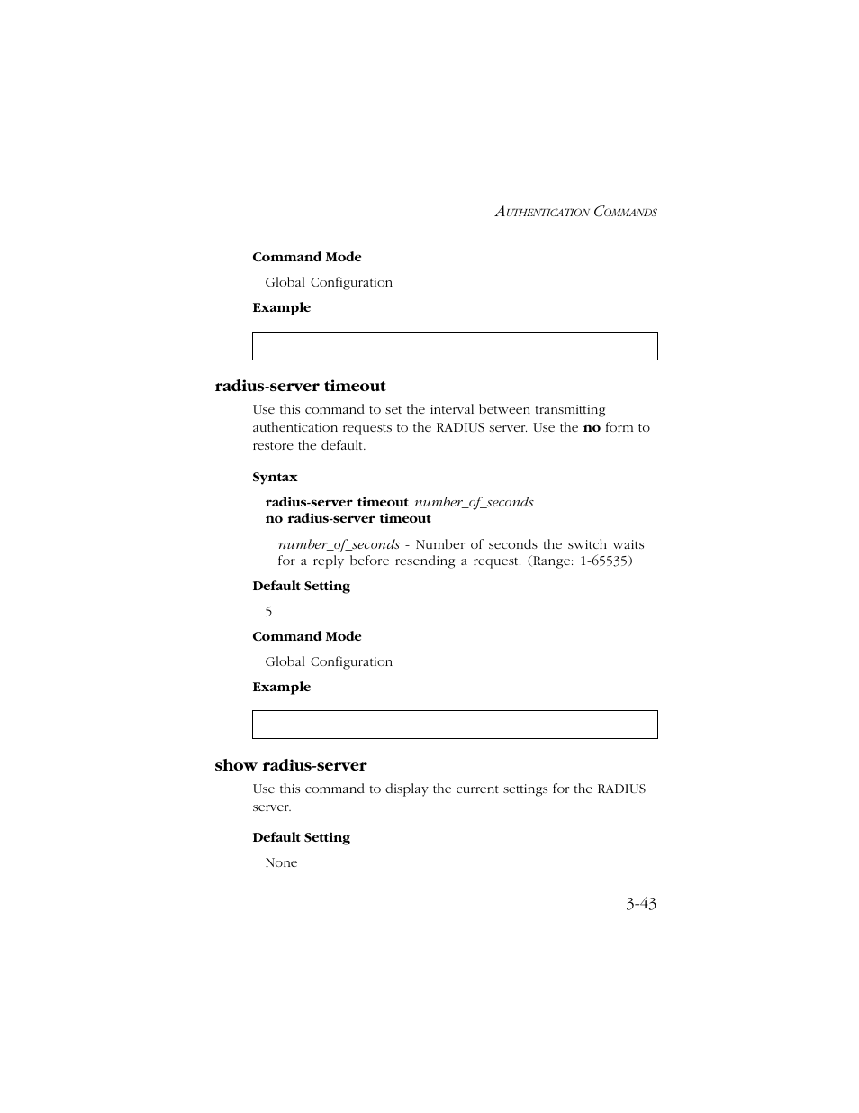 Radius-server timeout, Show radius-server, Radius-server timeout -43 show radius-server -43 | SMC Networks TIGERSWITCH 10/100 User Manual | Page 185 / 318