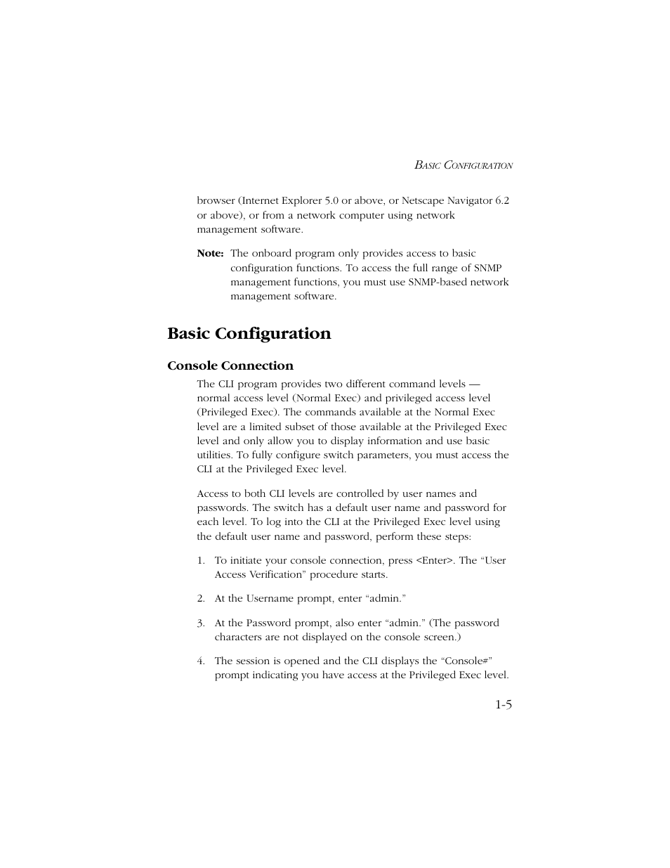 Basic configuration, Console connection, Basic configuration -5 | Console connection -5 | SMC Networks TIGERSWITCH 10/100 User Manual | Page 19 / 318