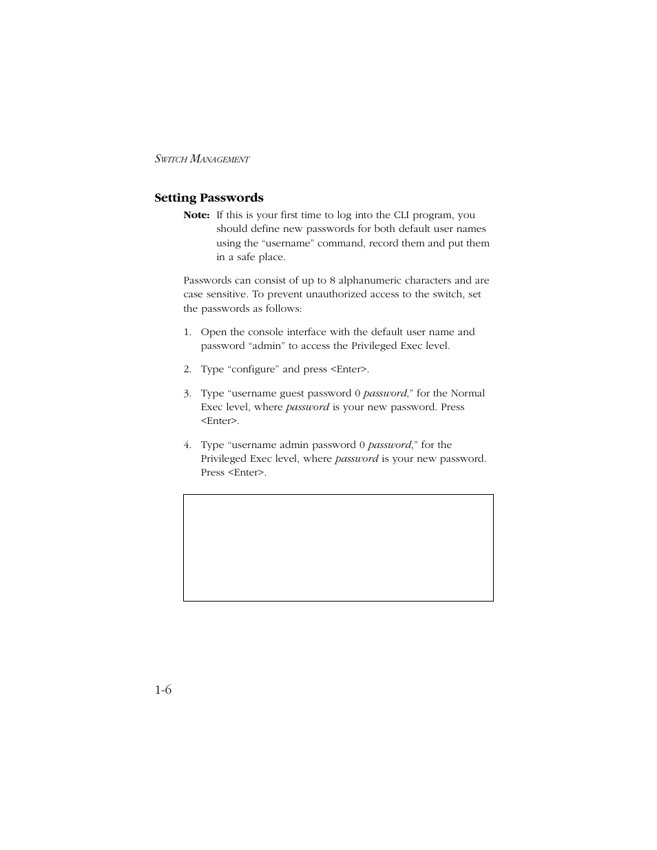 Setting passwords, Setting passwords -6 | SMC Networks TIGERSWITCH 10/100 User Manual | Page 20 / 318