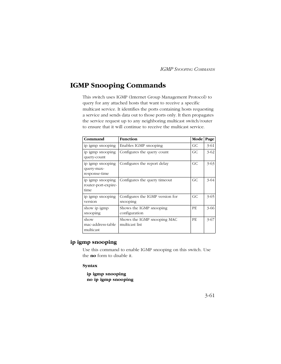 Igmp snooping commands, Ip igmp snooping, Igmp snooping commands -61 | Ip igmp snooping -61 | SMC Networks TIGERSWITCH 10/100 User Manual | Page 203 / 318