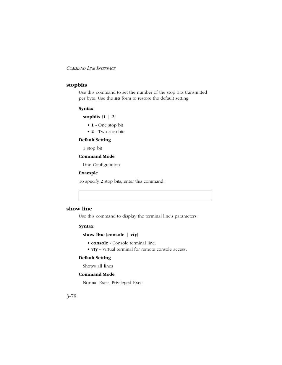 Stopbits, Show line, Stopbits -78 show line -78 | SMC Networks TIGERSWITCH 10/100 User Manual | Page 220 / 318