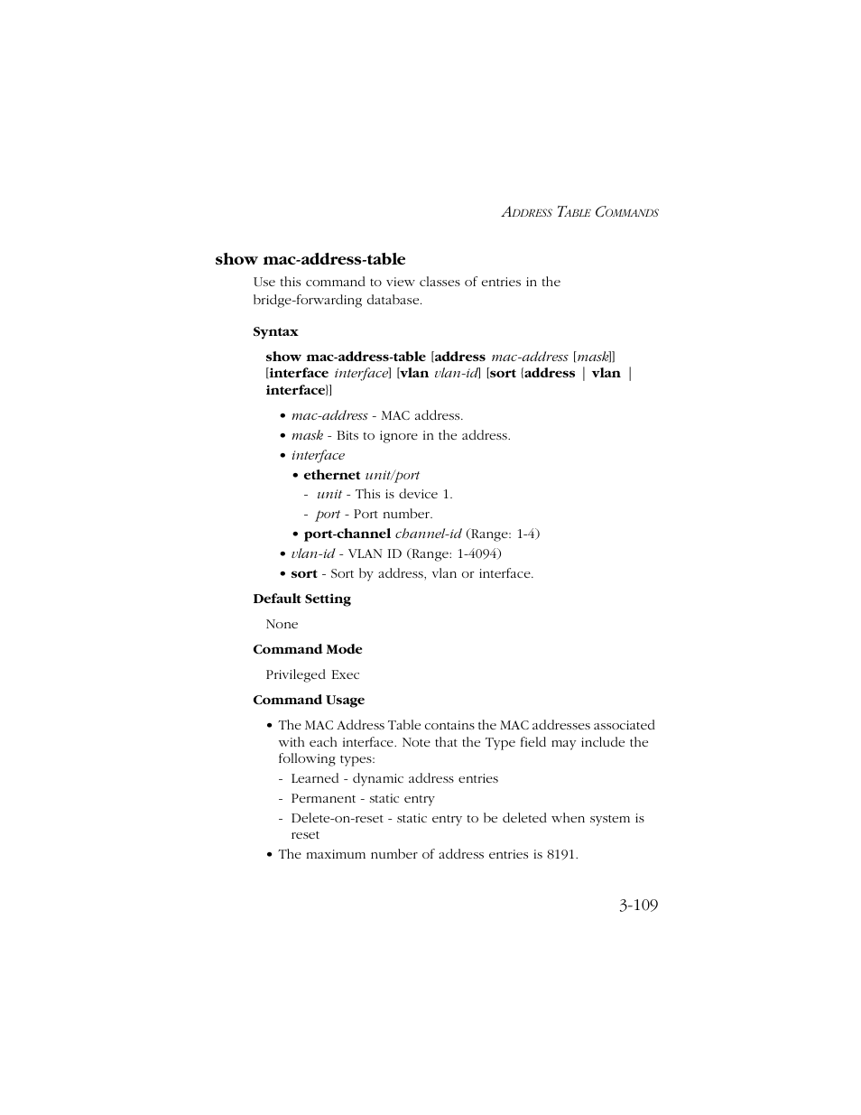 Show mac-address-table, Show mac-address-table -109 | SMC Networks TIGERSWITCH 10/100 User Manual | Page 251 / 318